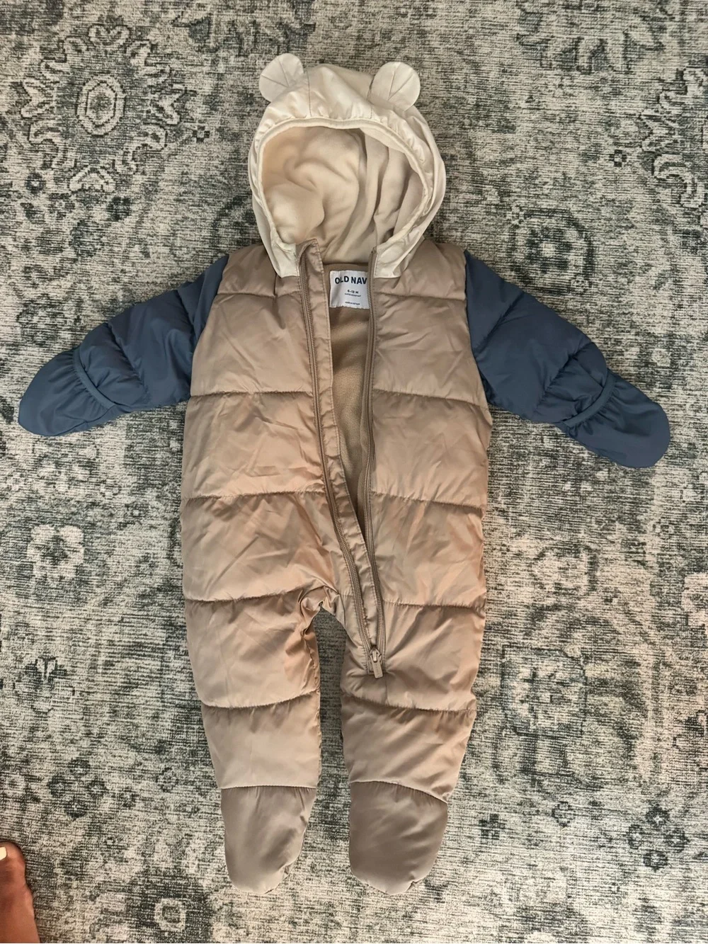 Old Navy Beige and Navy Infant Puffer One-Piece with Hood